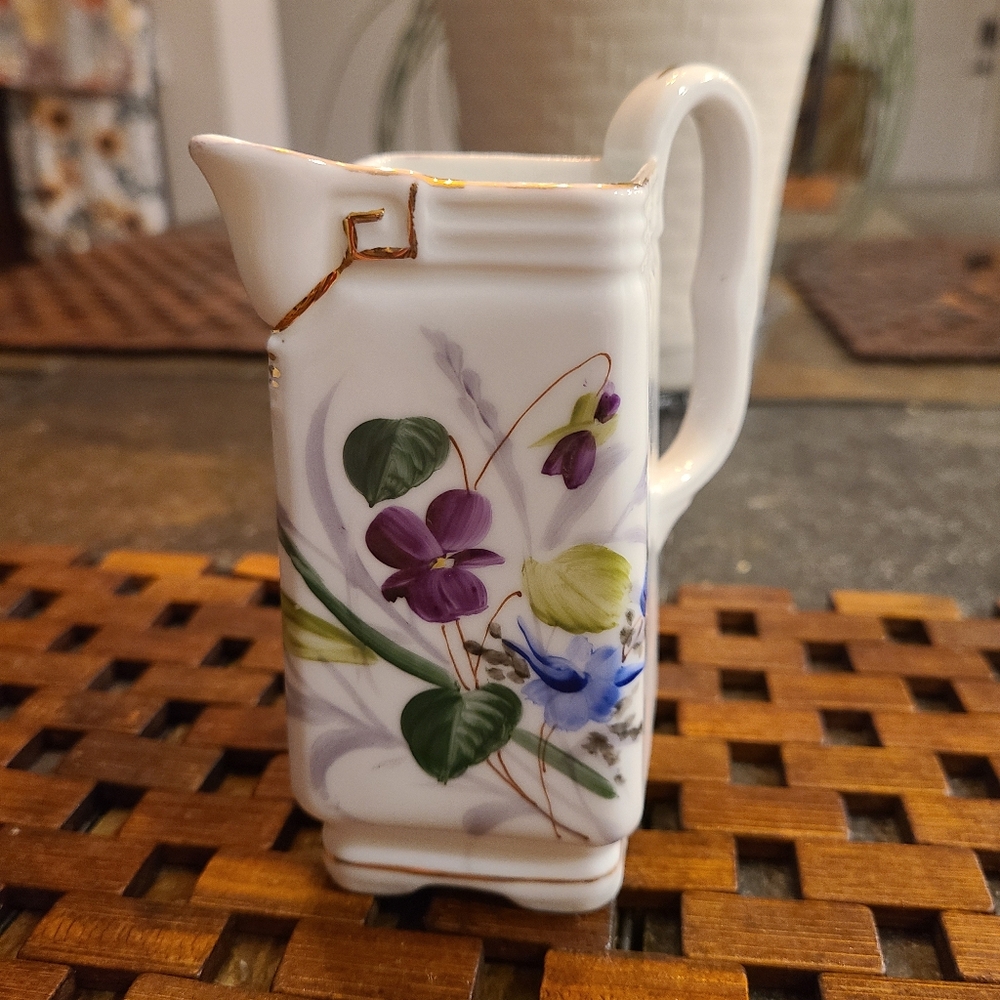 VTG Hand-painted Porcelain Floral Square Pitcher Creamer